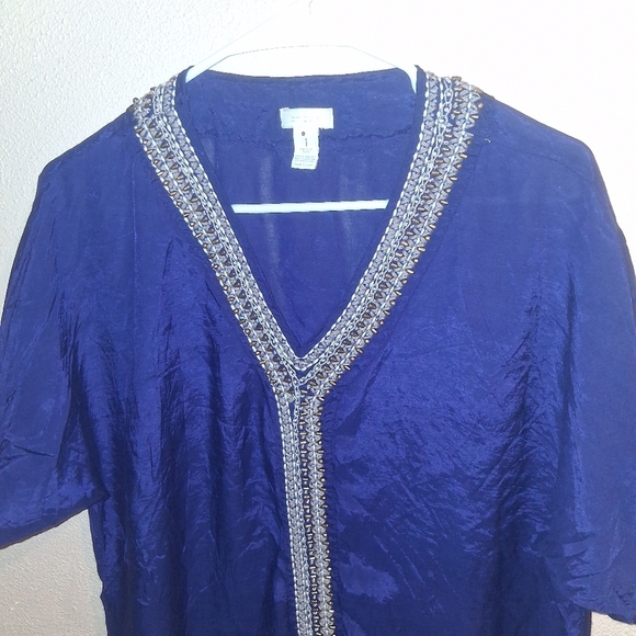 Chico Purple/Blue beaded Embroidered Short Sleeve top size 1/M - Picture 2 of 6